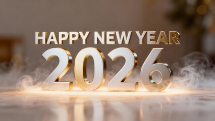 Three dimensional metallic numerals denoting the year two thousand twenty six with congratulatory greeting hover above ground level mist