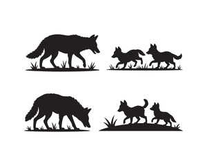 coyote standing on hill & desert, walking grass with pups, running Vector silhouette illustration design set collection, coyote silhouette, coyote standing silhouette, coyote on hill vector, desert,