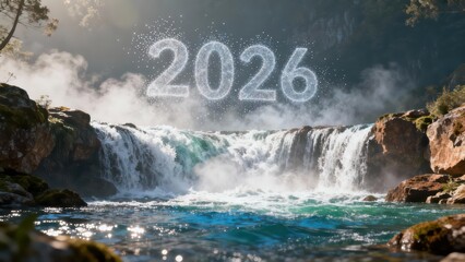 Glowing digital year designation hovers above a vibrant natural cascade in bright daylight