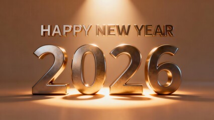 Three dimensional metallic numerals display the upcoming year twenty twenty six with a celebratory greeting above