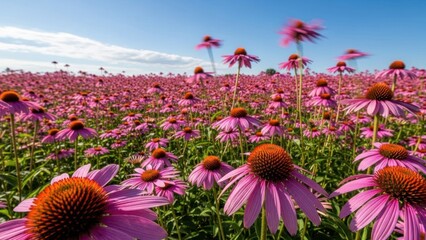 A vibrant field of pink echinacea flowers under a clear blue sky with scattered white clouds.