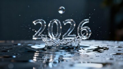 Transparent numerical digits materialize from splashing liquid on a dark surface