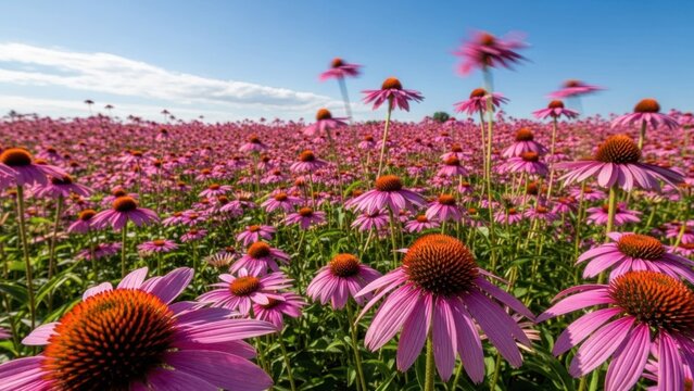A vibrant field of pink echinacea flowers under a clear blue sky with scattered white clouds. - Powered by Adobe