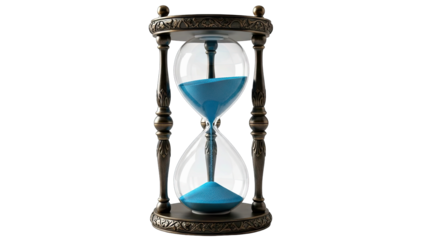 Hourglass with Blue Sand Flowing on White Background