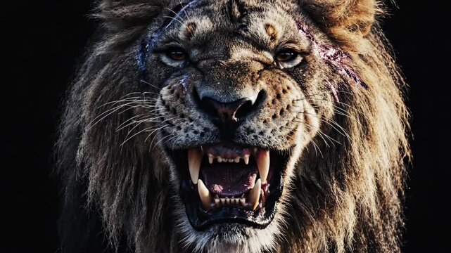 Close Up Portrait of an Angry Male Lion Roaring with Fierce Expression and Scars Showing Prominent Teeth and Golden Eyes Against a Dark Background