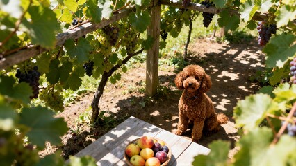 A brown poodle sits patiently under a grape arbor next to a basket of fresh apples and plums on a small wooden table.