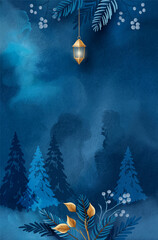 Watercolor Winter Christmas Landscape. Dark blue watercolor sketch of winter night on textured paper. Elegant artistic drawing with winter plants, fir trees and golden lantern