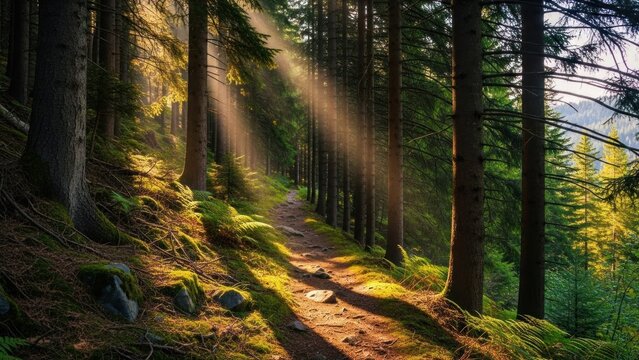 A sunlit forest trail with mossy ground and pine trees, casting a path through the forest.