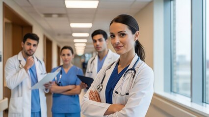 A female doctor standing in a hospital corridor with a group of medical staff in the background.