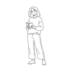Simple black and white vector drawing of a character standing and reading
