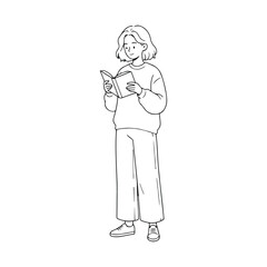 Minimalist line art illustration of a young person reading a book