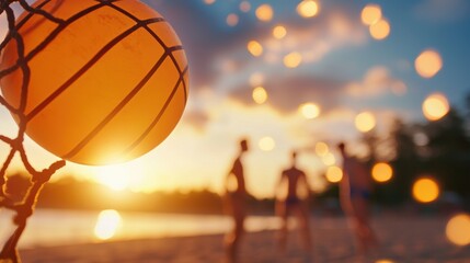 Summer Beach Scene Group of friends playing beach volleyball, energetic and fun summer activity