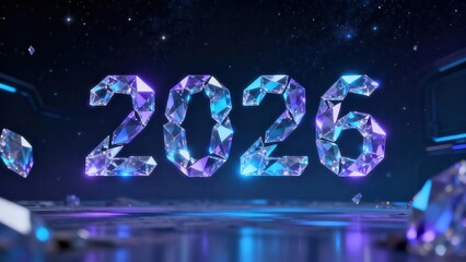 Digital crystalline numerals for the year two thousand twenty-six illuminate a dark, cosmic setting