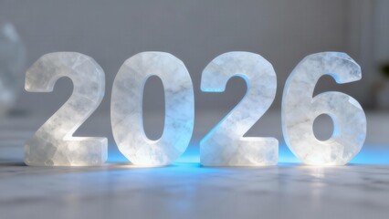 Illuminated stone numerals display the year twenty twenty six in a close up shot