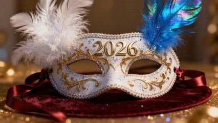 Ornate masquerade mask featuring the year twenty twenty six rests on velvet