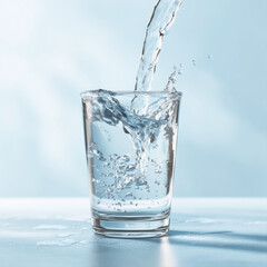 Pouring fresh drinking water into clear glass with splash
