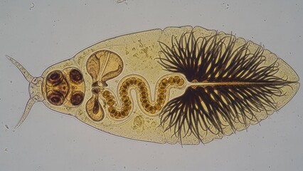 A microscopic view of a worm-like organism with a segmented body and a long, spiky tail.
