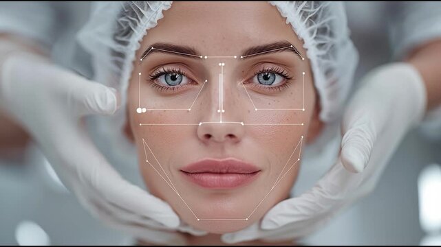 Close-up of woman&rsquo;s face with digital facial mapping lines for aesthetic analysis in medical setting