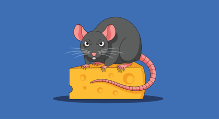 Obraz premium Angry gray cartoon rat with a menacing expression stands possessively on a large wedge of yellow Swiss cheese on a blue background.