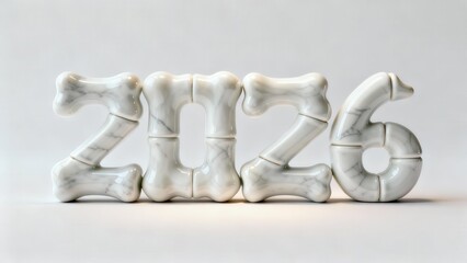 Numerals representing the year two thousand twenty six are sculpted from bone-shaped marble components