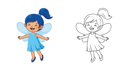 Cheerful cartoon fairy girl with blue hair and wings flying happily, presented with a full-color and line art coloring page version.