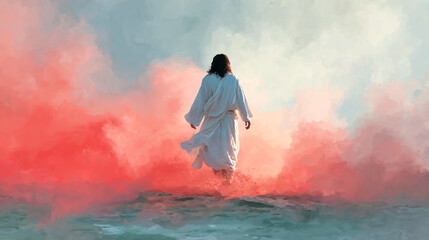 A digital painting of Jesus walking on water