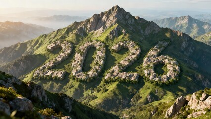 Year numerals carved into the side of a vast, sunlit mountain range symbolize the future prospect