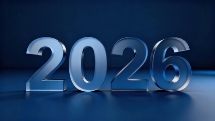 Three dimensional numerals representing the year two thousand twenty six glow against a dark blue backdrop