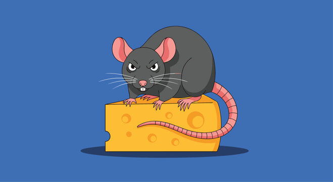 Angry gray cartoon rat with a menacing expression stands possessively on a large wedge of yellow Swiss cheese on a blue background.