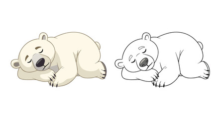 Fototapeta premium Cute polar bear cub sleeping peacefully on its side, shown as both a full-color illustration and a black-and-white outline.