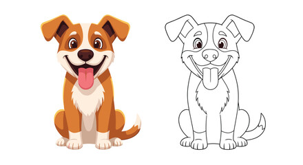 Fototapeta premium Happy brown and white dog sitting with its tongue out and a big smile, shown in a full-color and line art coloring version.