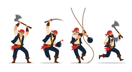 Set of four pirate characters in various action poses, including fighting with an axe, holding a bomb, and swinging on a rope.