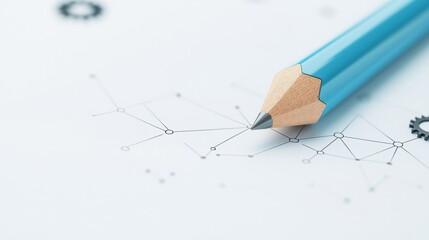 Pencil and Gear Setting Pencil and gear icons connected by lines, representing the relationship between design and functionality, abstract background with geometric shapes