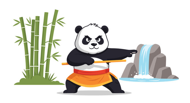 Panda character practicing kung fu with a staff, standing in a martial arts pose with bamboo and a waterfall in the background.