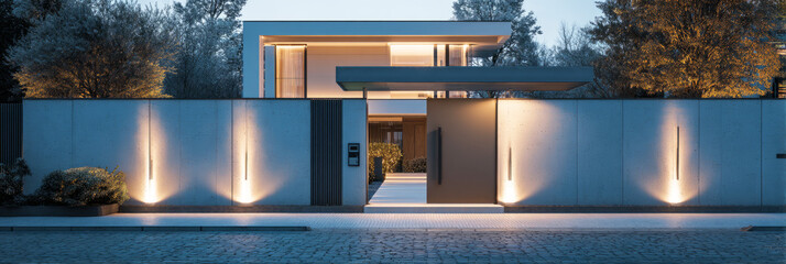A minimalist concrete fence softly glows with uplights, creating an inviting atmosphere. In the background, a stylish modern villa enhances the tranquil evening scenery, banner