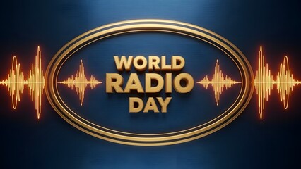 World Radio Day golden text with orange sound waves on blue background audio broadcast