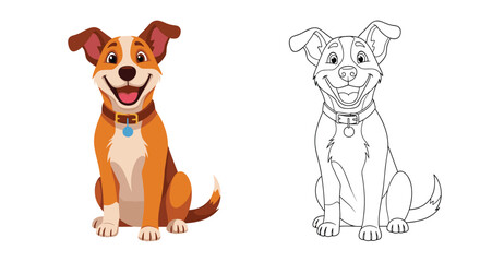 Fototapeta premium A friendly and happy brown dog with a collar is sitting and smiling with its tongue out, available in both a full-color and a line art version for coloring.
