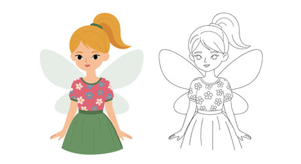 Fototapeta premium A sweet and gentle fairy girl with blonde hair in a ponytail, wearing a floral top and green skirt, shown in both color and line art for coloring.