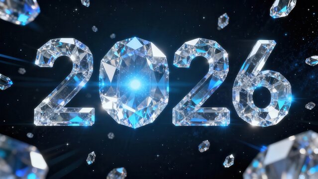 Brilliant diamond numbers represent the year twenty twenty six floating in dark space