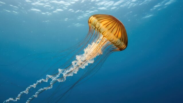 A vibrant orange jellyfish with white tentacles swimming in clear blue water. - Powered by Adobe