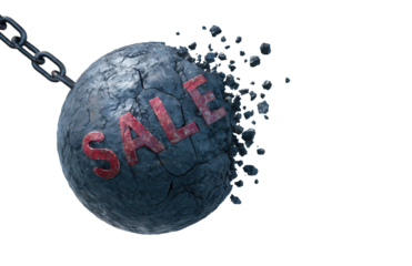 Demolishing Sales Barriers: A powerful image of a wrecking ball smashing through a barrier, the word SALE boldly emblazoned upon the debris.