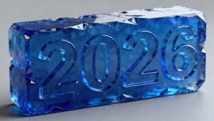 Translucent blue crystalline block features the numerical inscription of the year two thousand twenty-six