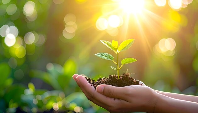 Hands gently cradling a small green sprout emerging from rich soil, bathed in the warm, golden glow of a sunbeam filtering through lush foliage