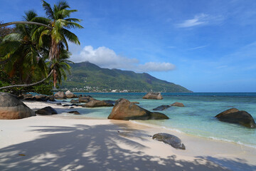 View of the picturesque tropical Beau Vallon Beach in Mahe, Seychelles, on the Indian Ocean