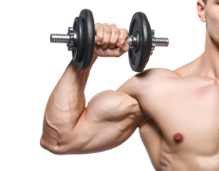 Strong male arm holding a dumbbell for fitness concepts, isolated on a transparent background, PNG