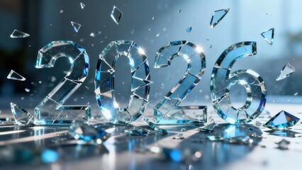 Sparkling crystal digits representing the year two thousand twenty six shatter and scatter dramatically