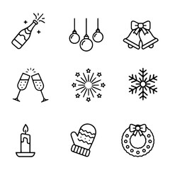 New Year and Winter Line Icons Set