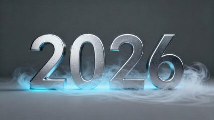 Three dimensional metallic digits display the year twenty twenty six emerging from cool fog