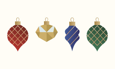 Set of Modern Geometric Christmas Ornaments in Gold, Red, Blue, and Green
