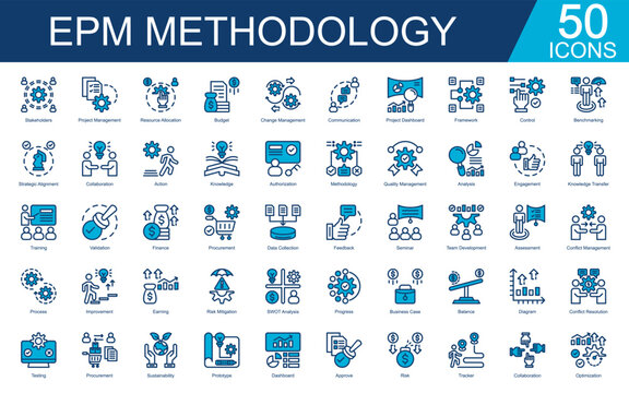 EPM Methodology Icon Set Collection. Covers Stakeholders, Project Management, Resource Allocation, Budget, Change Management, Communication, Project Dashboard. Simple Vector Blue Illustration
